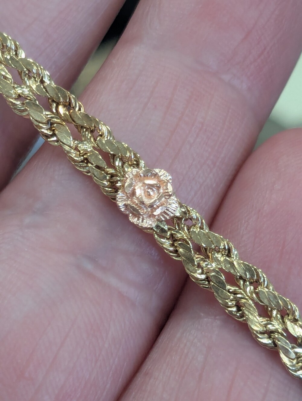 14k Yellow Gold Double Rope Bracelet With Rose Flower Details Women's 7.5" - Picture 13 of 16